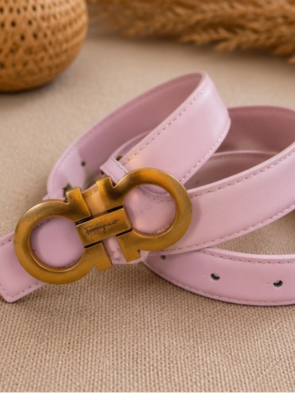 Designer Inspired Blush Pink Leather Belt | Gold Monogram Buckle | Boho Chic 43”